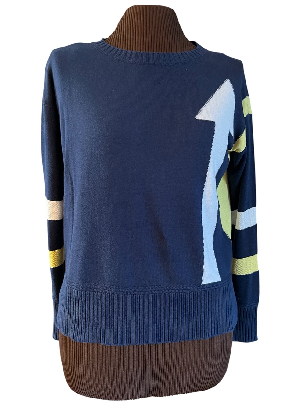 Lisa Todd Arrow Sweater Women’s M Navy Crew Neck Intarsia Knit Cotton Jumper